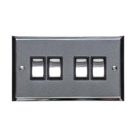4 Gang 2 Way 10A Rocker Switch in Satin Chrome with Polished Chrome Edge and Rocker and Black Trim, Elite Stepped Flat Plate