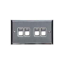 4 Gang 2 Way 10A Rocker Switch in Satin Chrome with Polished Chrome Edge and Rocker and White Trim, Elite Stepped Flat Plate