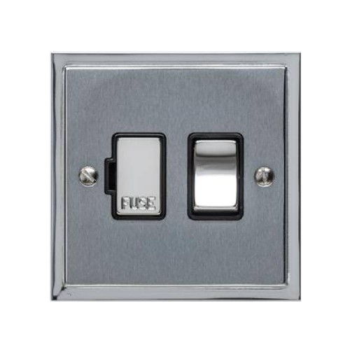 13A Switched Fused Spur in Satin Chrome Plate with Polished Chrome Edge and Rocker and Black Trim, Elite Stepped Flat Plate
