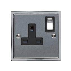 1 Gang 13A Switched Single Socket in Satin Chrome Plate with Polished Chrome Edge and Rocker and Black Trim, Elite Stepped Flat Plate