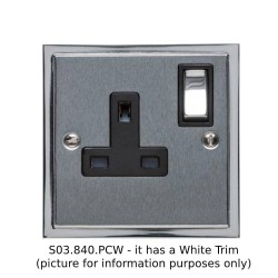 13A Switched Single Socket in Satin Chrome Plate with Polished Chrome Edge and Rocker and White Trim, Elite Stepped Flat Plate