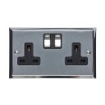 2 Gang 13A Switched Double Socket in Satin Chrome Plate with Polished Chrome Edge and Rocker and Black Trim, Elite Stepped Flat Plate