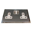 2 Gang 13A Switched Double Socket in Satin Chrome Plate with Polished Chrome Edge and Rockers and White Trim, Elite Stepped Flat Plate