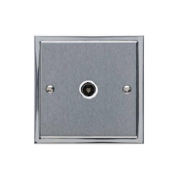 1 Gang Non-Isolated TV Coaxial Socket in Satin Chrome Plate with Polished Chrome Edge and White Trim, Elite Stepped Flat Plate