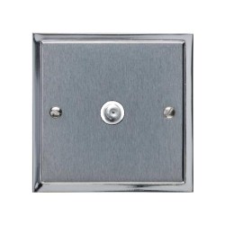 1 Gang Satellite Socket in Satin Chrome Plate with Polished Chrome Edge and White Trim, Elite Stepped Flat Plate