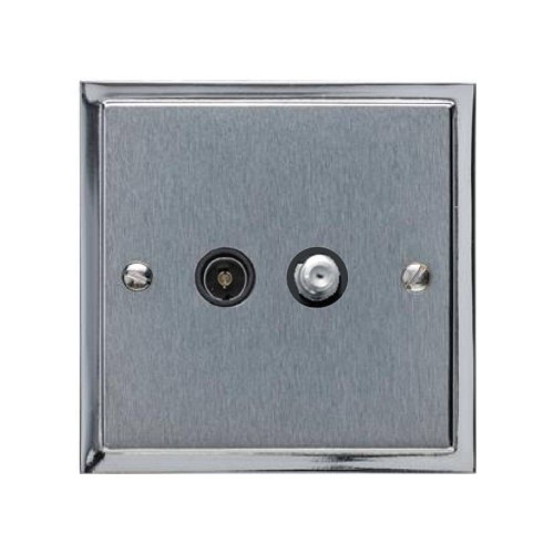TV / Satellite Socket in Satin Chrome Plate with Polished Chrome Edge and Black Trim, Elite Stepped Flat Plate