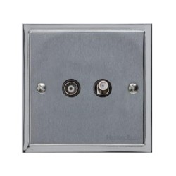 TV / Satellite Socket in Satin Chrome Plate with Polished Chrome Edge and Black Trim, Elite Stepped Flat Plate