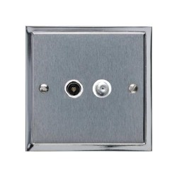 TV / Satellite Socket in Satin Chrome Plate with Polished Chrome Edge and White Trim, Elite Stepped Flat Plate