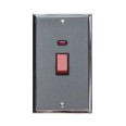 45A Red Rocker Cooker Switch with Neon (Twin Plate) in Satin Chrome Plate with Polished Chrome Edge and Black Trim, Elite Stepped Flat Plate