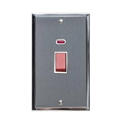 45A Red Rocker Cooker Switch with Neon (Twin Plate) in Satin Chrome Plate with Polished Chrome Edge and White Trim, Elite Stepped Flat Plate