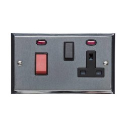 45A Cooker Unit with 13A Switched Socket and Neon in Satin Chrome Plate with Polished Chrome Edge and Black Trim, Elite Stepped Flat Plate