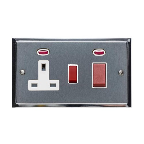 45A Cooker Unit with 13A Switched Socket and Neon in Satin Chrome Plate with Polished Chrome Edge and White Trim, Elite Stepped Flat Plate