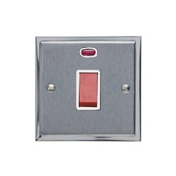 45A Red Rocker Cooker Switch (Single Plate) with Neon in Satin Chrome Plate with Polished Chrome Edge and White Trim, Elite Stepped Flat Plate