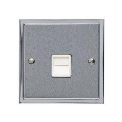 1 Gang Secondary Line Telephone Socket in Satin Chrome Plate with Polished Chrome Edge and White Trim, Elite Stepped Flat Plate