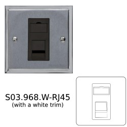 1 Gang RJ45 Data Socket in Satin Chrome Plate with Polished Chrome Edge and White Trim, Elite Stepped Flat Plate