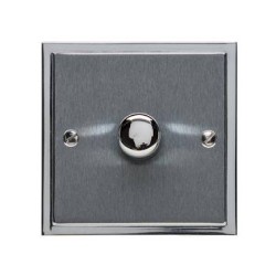 1 Gang 2 Way Trailing Edge LED Dimmer 10-120W in Satin Chrome Plate with Polished Chrome Edge and Dimmer Knob, Elite Stepped Flat Plate