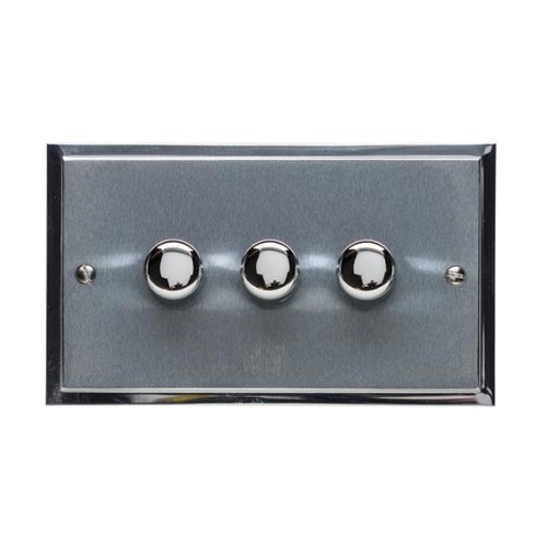 3 Gang 2 Way Push On/Off Dimmer 400W in Satin Chrome Plate with Polished Chrome Edge and Dimmer Knobs, Elite Stepped Flat Plate