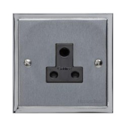 1 Gang 5A 3 Round Pin Socket Unswitched in Satin Chrome Plate with Polished Chrome Edge and Black Trim, Elite Stepped Flat Plate
