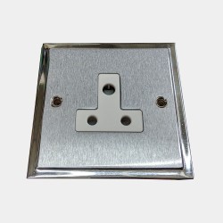 1 Gang 5A 3 Round Pin Socket Unswitched in Satin Chrome Plate with Polished Chrome Edge and White Trim, Elite Stepped Flat Plate
