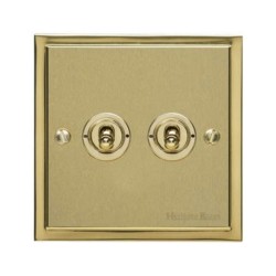 2 Gang 2 Way 20A Dolly Switch in Satin Brass Elite Stepped Flat Plate with Polished Brass Edge and Dolly