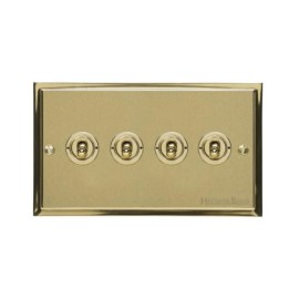 4 Gang 2 Way 20A Dolly Switch in Satin Brass Elite Stepped Flat Plate with Polished Brass Edge and Dolly