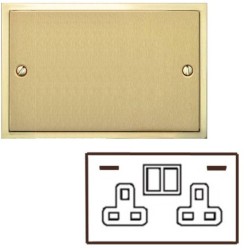 2 Gang 13A Socket with 2 USB Sockets Satin Brass Elite Stepped Flat Plate with Polished Brass Edge and Rockers with Black Plastic Insert