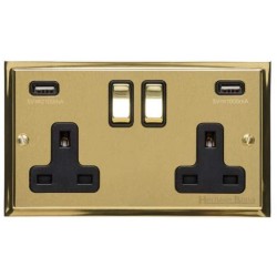 2 Gang 13A Socket with 2 USB Sockets Satin Brass Elite Stepped Flat Plate with Polished Brass Edge and Rockers with Black Plastic Insert