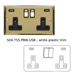2 Gang 13A Socket with 2 USB Sockets Satin Brass Elite Stepped Flat Plate with Polished Brass Edge and Rockers with White Plastic Insert