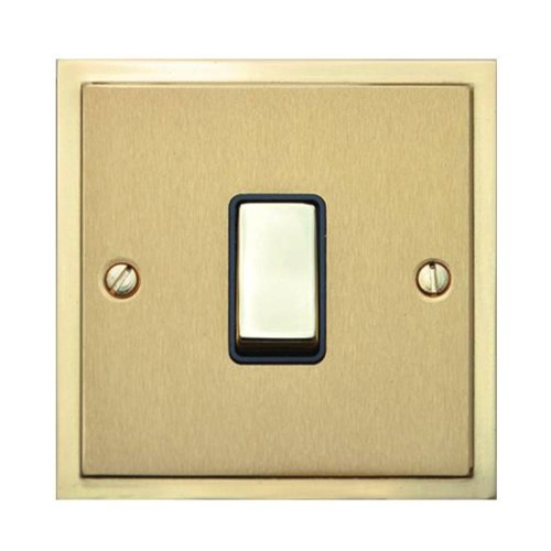 1 Gang 2 Way 10A Rocker Switch in Satin Brass with Polished Brass Edge and Rocker and Black Trim, Elite Stepped Flat Plate