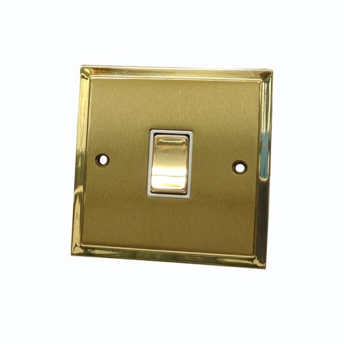1 Gang 2 Way 10A Rocker Switch in Satin Brass with Polished Brass Edge and Rocker and White Trim, Elite Stepped Flat Plate