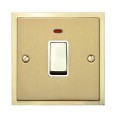 1 Gang 20A Double Pole Switch with Neon in Satin Brass with Polished Brass Edge and Rocker and White Trim, Elite Stepped Flat Plate