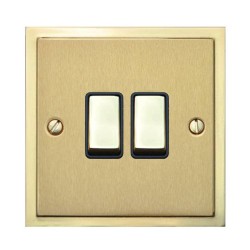 2 Gang 2 Way 10A Rocker Switch in Satin Brass with Polished Brass Edge and Rocker and Black Trim, Elite Stepped Flat Plate