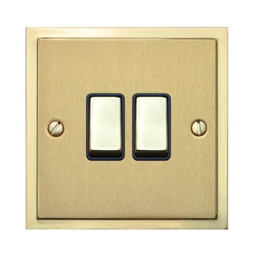 2 Gang 2 Way 10A Rocker Switch in Satin Brass with Polished Brass Edge and Rocker and Black Trim, Elite Stepped Flat Plate