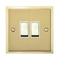 2 Gang 2 Way 10A Rocker Switch in Satin Brass with Polished Brass Edge and Rocker and White Trim, Elite Stepped Flat Plate