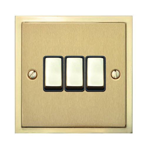 3 Gang 2 Way 10A Rocker Switch in Satin Brass with Polished Brass Edge and Rocker and Black Trim, Elite Stepped Flat Plate