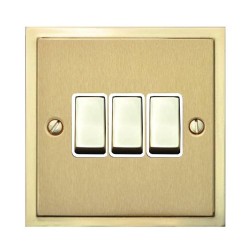 3 Gang 2 Way 10A Rocker Switch in Satin Brass with Polished Brass Edge and Rocker and White Trim, Elite Stepped Flat Plate