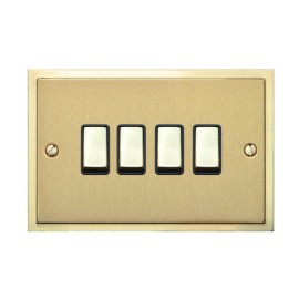 4 Gang 2 Way 10A Rocker Switch in Satin Brass with Polished Brass Edge and Rocker and Black Trim, Elite Stepped Flat Plate