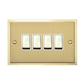 4 Gang 2 Way 10A Rocker Switch in Satin Brass with Polished Brass Edge and Rocker and White Trim, Elite Stepped Flat Plate