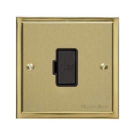 13A Unswitched Fused Spur in Satin Brass with Polished Brass Edge and Rocker and Black Trim, Elite Stepped Flat Plate
