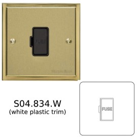 13A Unswitched Fused Spur in Satin Brass with Polished Brass Edge and Rocker and White Trim, Elite Stepped Flat Plate