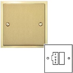 13A Switched Fused Spur in Satin Brass Plate with Polished Brass Edge and Rocker and Black Trim, Elite Stepped Flat Plate