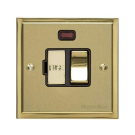 13A Switched Fused Spur with Neon in Satin Brass Plate with Polished Brass Edge and Rocker and Black Trim, Elite Stepped Flat Plate