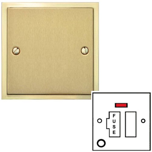 13A Switched Fused Spur with Neon and Cord in Satin Brass Plate with Polished Brass Edge and Rocker and White Trim, Elite Stepped Flat Plate