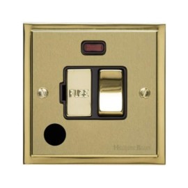 13A Switched Fused Spur with Neon and Cord in Satin Brass Plate with Polished Brass Edge and Rocker and Black Trim, Elite Stepped Flat Plate
