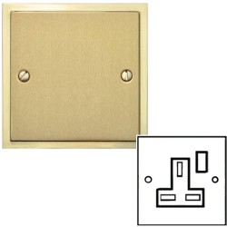 1 Gang 13A Switched Single Socket in Satin Brass Plate with Polished Brass Edge and Rocker and Black Trim, Elite Stepped Flat Plate