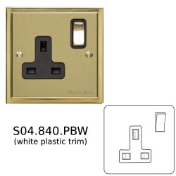 13A Switched Single Socket in Satin Brass Plate with Polished Brass Edge and Rocker and White Trim, Elite Stepped Flat Plate