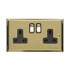 2 Gang 13A Switched Double Socket in Satin Brass Plate with Polished Brass Edge and Rocker and Black Trim, Elite Stepped Flat Plate