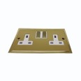 2 Gang 13A Switched Double Socket in Satin Brass Plate with Polished Brass Edge and Rockers and White Trim, Elite Stepped Flat Plate