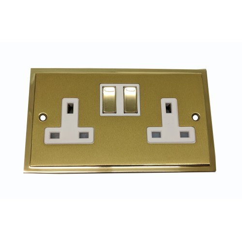 2 Gang 13A Switched Double Socket in Satin Brass Plate with Polished Brass Edge and Rockers and White Trim, Elite Stepped Flat Plate