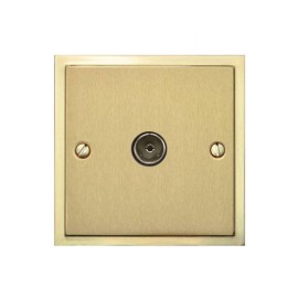 1 Gang Non-Isolated TV Coaxial Socket in Satin Brass Plate with Polished Brass Edge and Black Trim, Elite Stepped Flat Plate